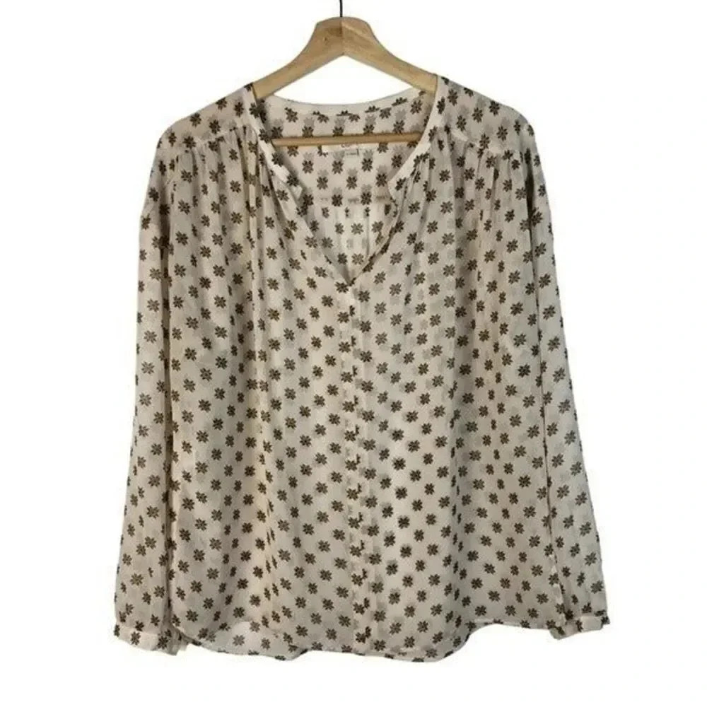 Ann Taylor LOFT White & Brown Star Anise Floral Long Sleeve Blouse S